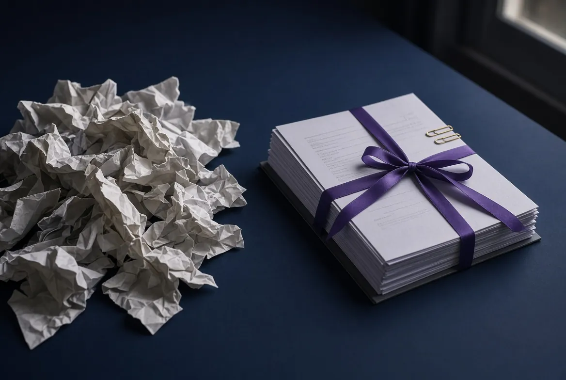 Papiers en désordre face au dossier relié et complet